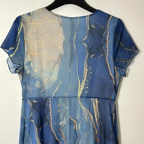 Maxi Long Dress Marble Chiffon Flowy Women Size Large V Neck Short Sleeve NWT - Picture 5 of 10